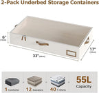Under Bed Storage, Under Bed Storage Containers Bins for Clothes, Large Linen Underbed Closet Organization Bins, 2 Pack Collapsible Underbed Bin Dorm for Clothes, Sweater, Beige