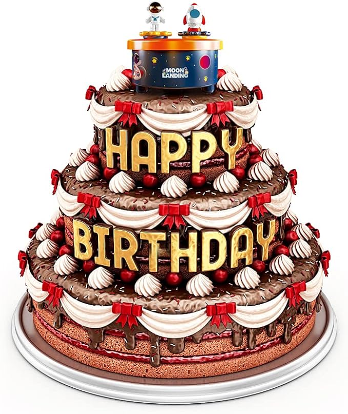 Moon Landing Music Box with Astronaut & Rocket Figures – Wind-Up Musical Space Toy Plays “Fly Me to the Moon” – Spinning Cake Topper Decoration – 4+ Minute Playtime – Birthday Gift for Kids & Adults