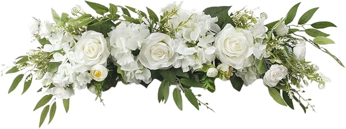 Artificial Peony Flower Swag, 29.6in Faux Eucalyptus Leaves Corner Rose Floral Swags, Artificial Mirror Flower Chair Back Flower Swags for Sheer Drapes, Wedding Chair, Arbor, Wedding(White)