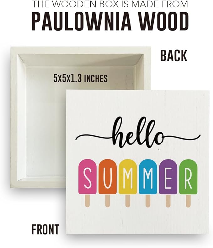 IYEZH Farmhouse Hello Summer Popsicles Wooden Box Sign Rustic Country Summer Box Sign Wood Sign Decor Summer Square Wood Sign Home Desk Tabletop Shelf Decor 5 x 5