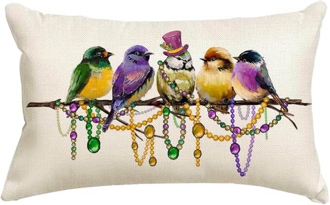 RABUSOFA Mardi Gras Pillow Cover 12x20 Inch Birds Beads Decorative Pillow Case Holiday Decorations for Home Sofa Couch
