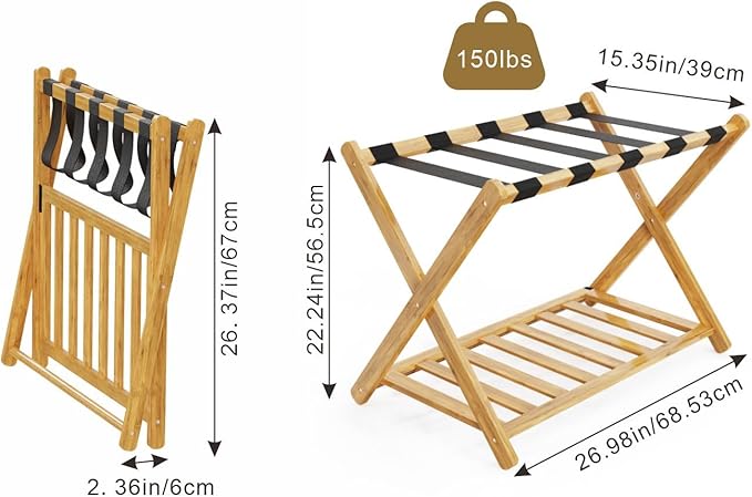 Luggage Racks, Folding Bamboo Suitcase Stand with Storage Shelf and Nylon Straps, Luggage Holders Assembled Suitcase Storage Caddy Holder for Guest Room, Hotel, Bedroom, Natural, Pack of 2