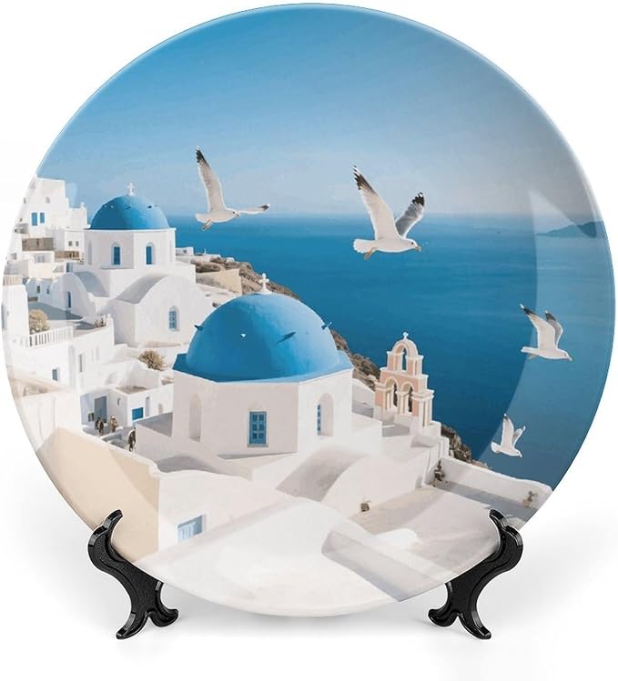 Santorini Greek Island Ceramic Display Plate Decorative Round Hanging Bone China Plate with Display Stand for Kitchen Dining Room Wine Cabinet Home Décor Art Decoration 8inch