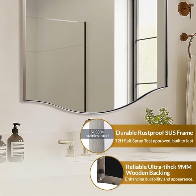 ANDY STAR 26"x38" Scalloped Mirror for Bathroom，Brushed Nickel Rectangle Wall Mirror with Curved Edge Stainless Steel Metal Frame, Wall-Mounted Mirror for Bathroom, Entryway, Living Room