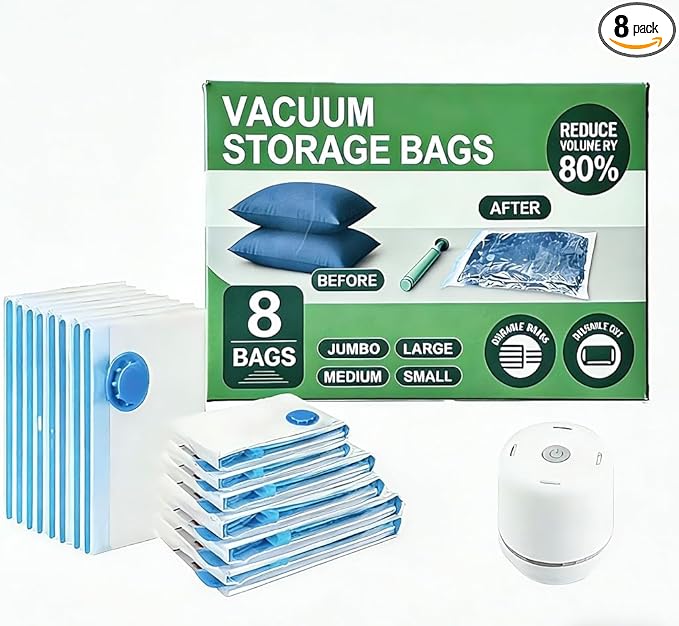 Vacuum Storage Bags with Electric Pump and Hand Pump,8 Pack Vacuum Seal Bags for Clothing,Space Saver Bags for Travel and Home(2(40 * 60) 2(50 * 70) 2(60 * 80) 2(80 * 100))