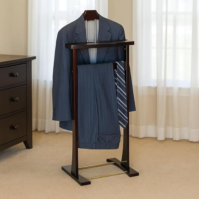 Proman Products Ashton Valet Suit Stand with Top Tray, Contour Hanger, Trouser Bar and Shoe Rack, 17" W x 14" D x 42" H, Dark Mahogany