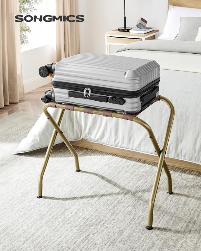 SONGMICS Luggage Rack, Pack of 4, Luggage Racks for Guest Room, Suitcase Stand, Steel Frame, Foldable, for Bedroom, Golden URLR064A04