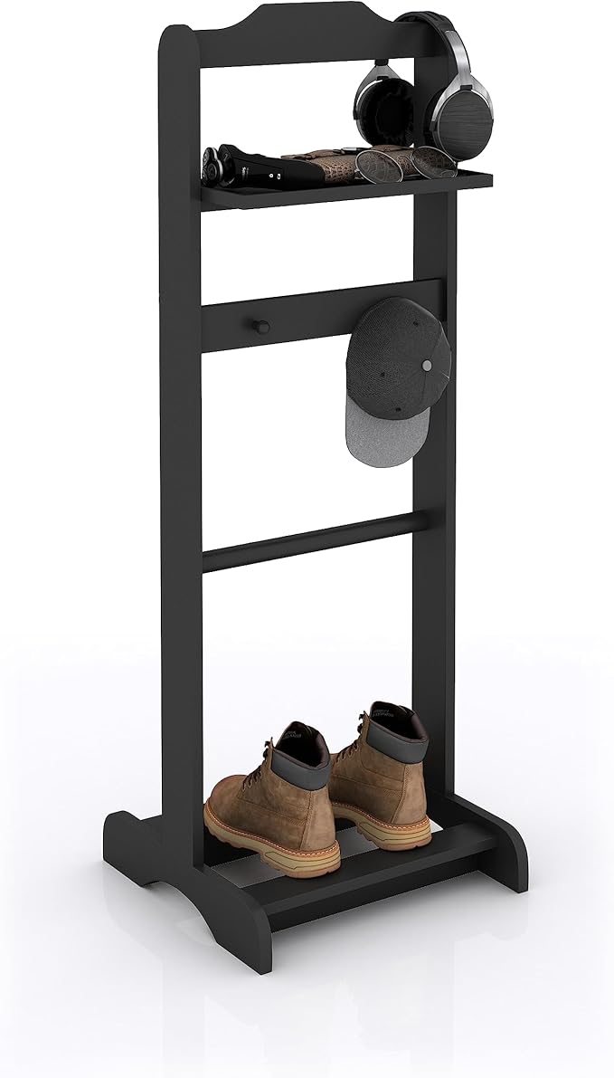 Mens Valet Stand, Wooden Clothes Valet Stand with Tray, Freestanding Suit Rack for Bedroom, Entryway, Living room, Office