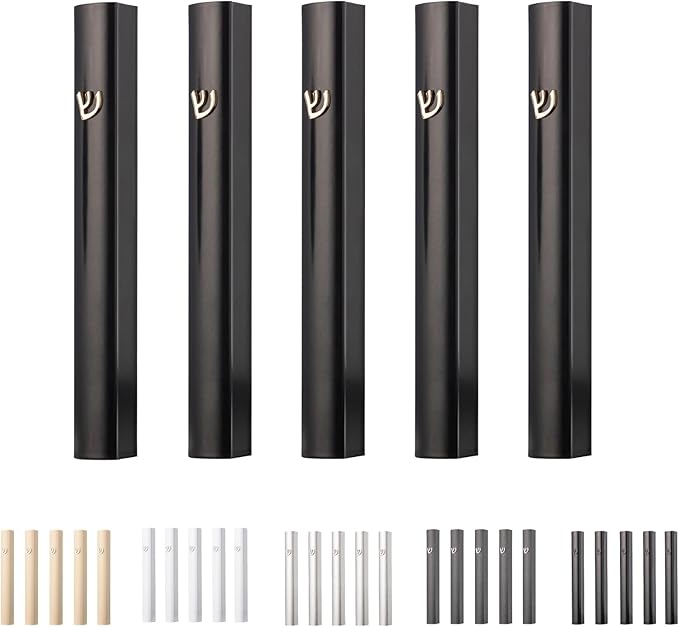 Pack of 5 Matte Black Aluminum Waterproof Mezuzah Case, Fit up to 5" / 12cm Mezuzah Scroll, with Embossed Gold SHIN, Easy Peel and Stick (Scroll Not Included)