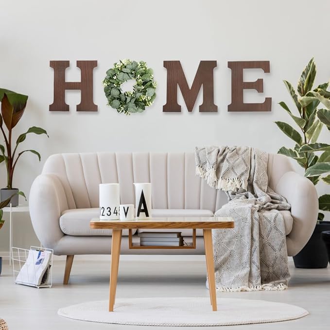 Wooden Home Sign Wall Hanging Decor Letters for Wall Art with Artificial Eucalyptus Wreath Rustic Decor Farmhouse for Living Room Kitchen Point Housewarming Gift(Brown)