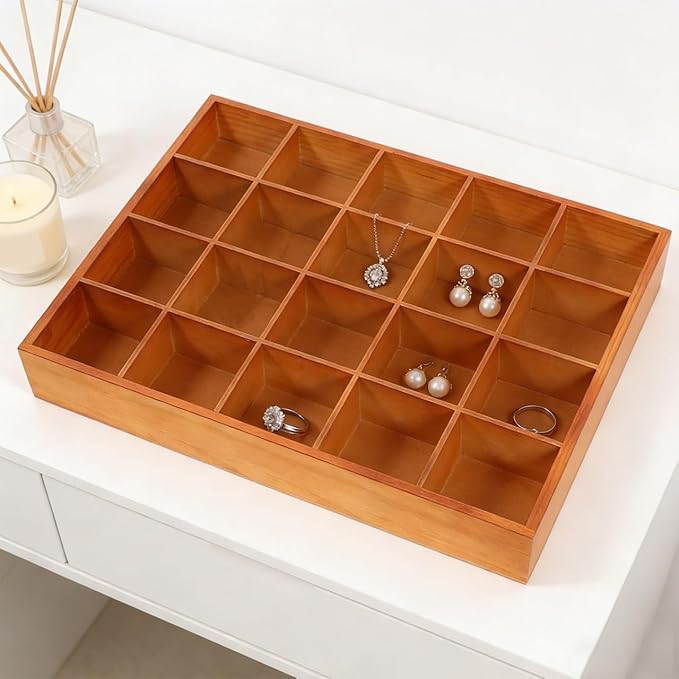 PRETYZOOM Wooden Sorting Tray Closet Drawer Divider Organizer with 20 Compartments Suitable for Socks Briefs Keys Stationery Arts Crafts Small Items - Each Grid 2.3 x 2.3 Inch