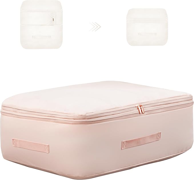 Ultra Space Saving Self Compression Organizer, Comforter Storage Bag for Clothes, Blankets, Pillows, Duvet, Comforters, Bedding Sets and Much More (Pink,L - 54 * 42 * 30cm)