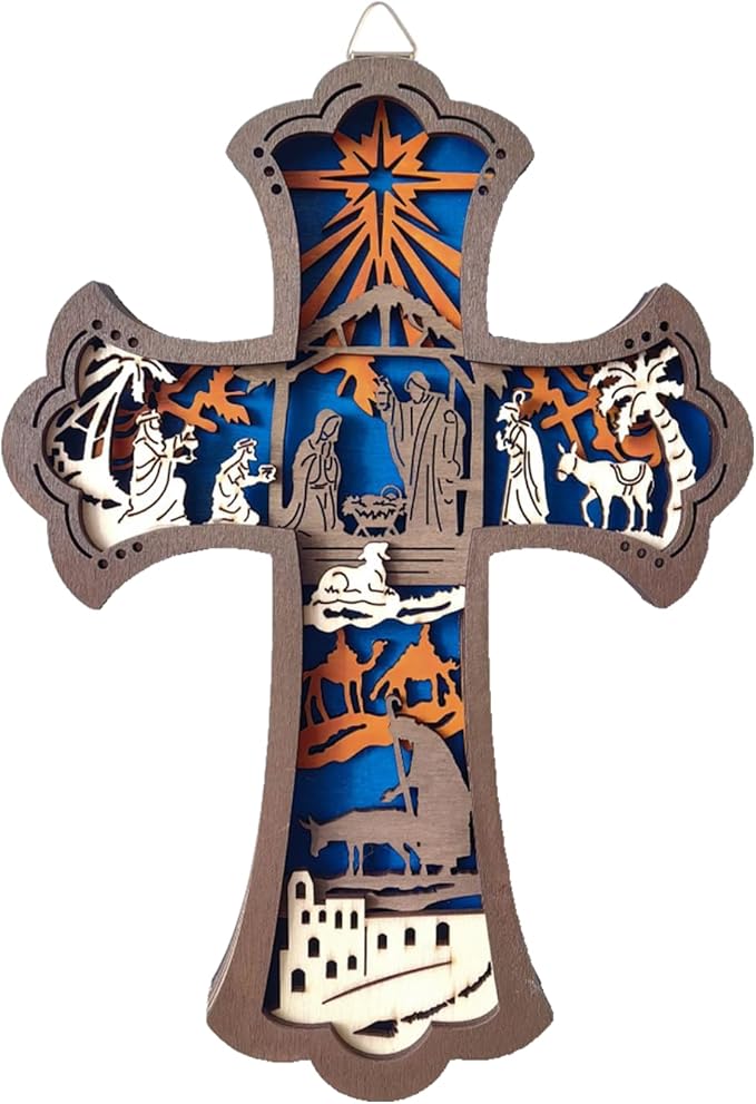 KOMI Wooden Nativity Cross for Wall, 9 Inch Wood Carved Manger Scene Wall Cross Hanging Decor Catholic Religious Wall Art Perfect for Office Living Room Christmas Gifts