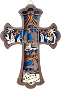 KOMI Wooden Nativity Cross for Wall, 9 Inch Wood Carved Manger Scene Wall Cross Hanging Decor Catholic Religious Wall Art Perfect for Office Living Room Christmas Gifts