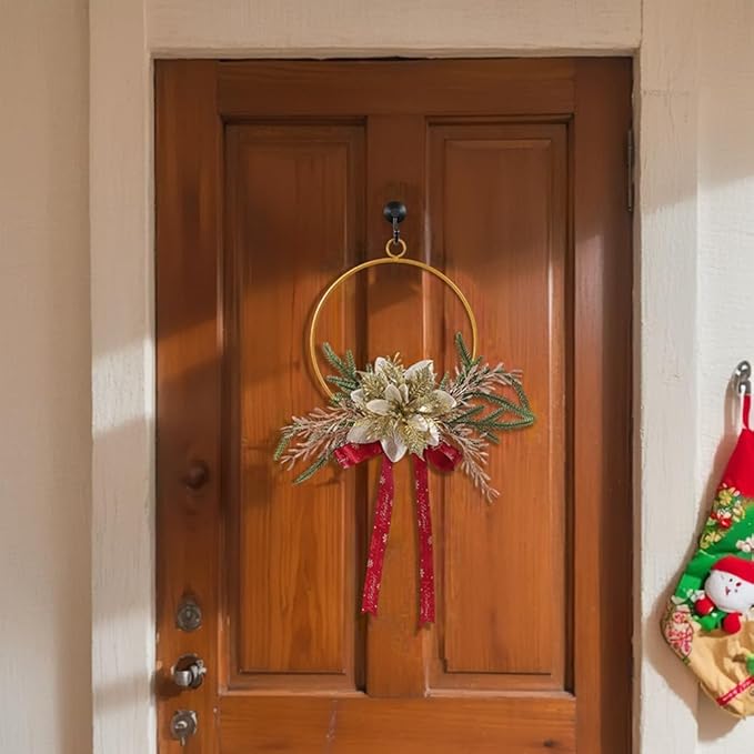 Christmas Metal Ring Wreath 7.28inch Metal Hoop with Floral Flowers Christmas Wreath with Red Bow Ribbon Floral for Front Door Winter Wall Decoration (Gold)