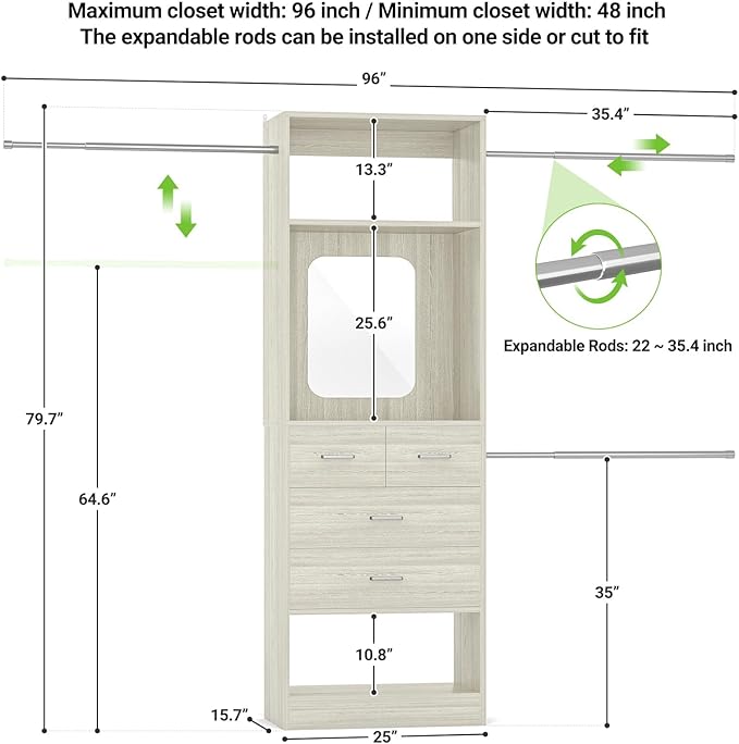 Unikito 8FT Closet System, Customizable 96 Inch Closet Organization Kit with 25” Tower and 3 Extendable Hanging Rod(Can Be Cut to Fit), Heavy Duty Clothing Racks with 4 Drawers and Shelves, White Oak
