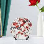 Japanese Spring Theme Decorative Ceramic Plate Round Porcelain Plate,Plum Tree Blossoms Pattern,for Decorative Ornaments Giving Plates, 1 Plate with 1 Display Stand,Red Beige,10 inch