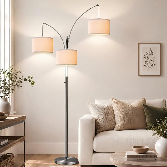 Nintiue Dimmable Floor Lamp - 3 Lights Brushed Nickel Arc Floor Lamps for Living Room,1000LM Modern Tall Standing Lamp with White Shades,Mid Century Tree Floor Lamp for Bedroom,3 LED Bulbs Included