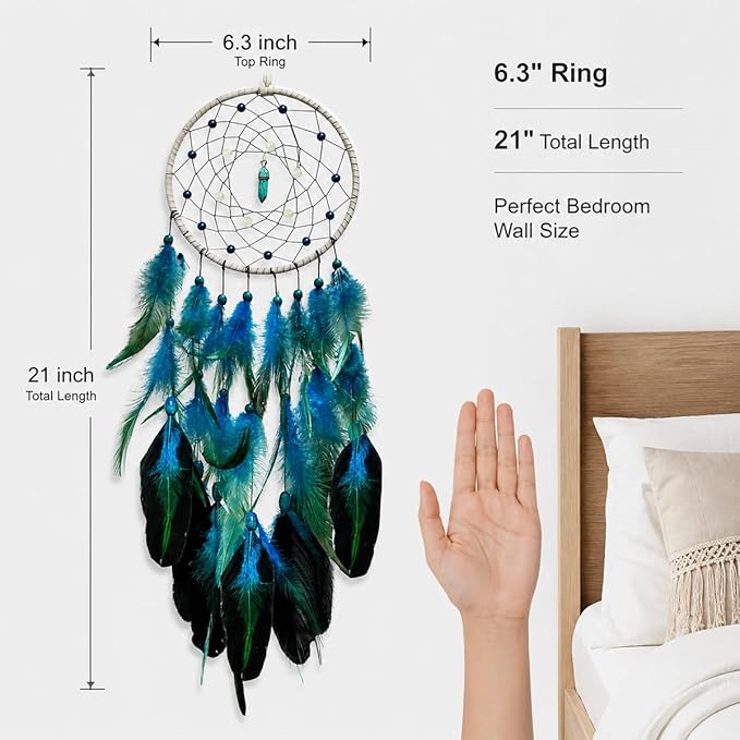 Blue Dream Catchers Luminous Dream Catcher for Boys Girls Kids Bedroom Handmade Nature Feather Decor Wall Hanging