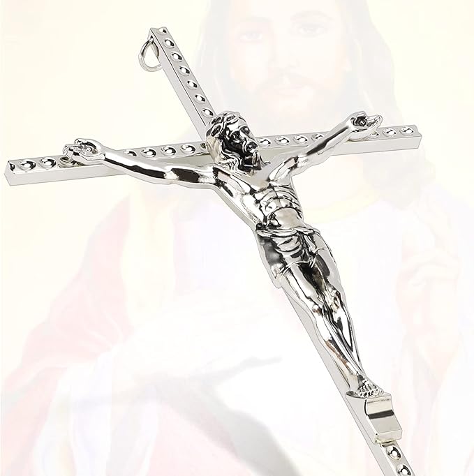 DCCXN Crucifix Wall Cross, Catholic Silver Metal Wall Crucifix with Custom Engraving Design for Home Decor - 10 Inch