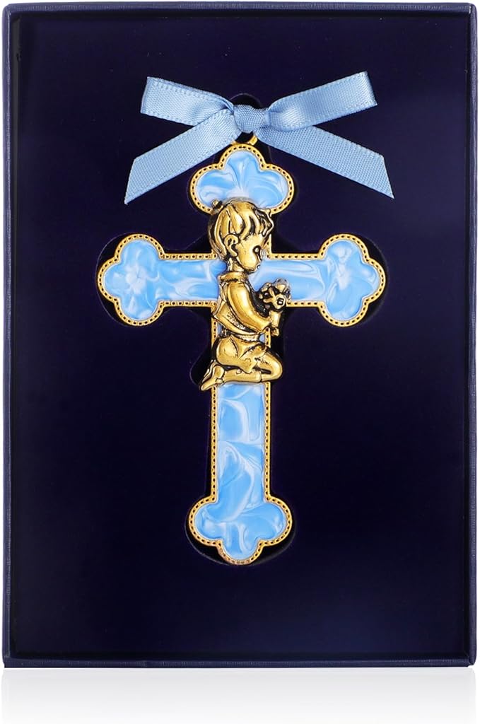 KOMI Baptism Gifts for Boys Blue Enamel Baby Wall Cross Christening Gifts Praying Boy Cross Christening and Dedication Baptismal Gifts from Godmother