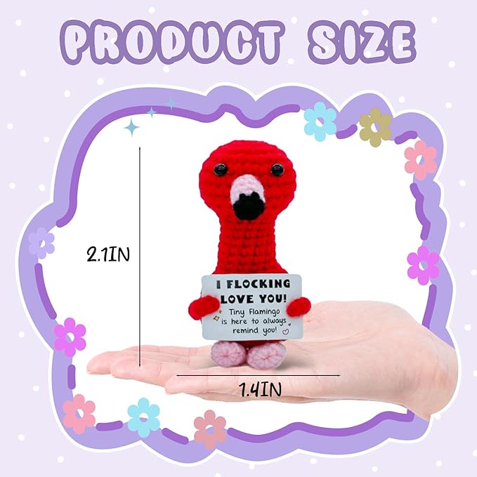 Valentines Day Decor, Positive Flamingo Gifts Love Support, Flamingo Desk Decorations Accessories for Women Men, Crochet Flamingo Doll with Emotional Cards