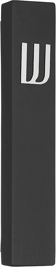A&S Mezuzot Modern Concrete Mezuzah Case with Scroll, Easy Peel and Stick Mezuza (Black+ Silver Shin, 6 Inches)