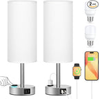 PartageiZ White Touch Nightstand Lamps Set - 3 Way Dimmable Bedside Table Lamp for Bedroom with USB Ports, Small Lamps with AC Outlet for Girls Dorm Nursery, Silver Base