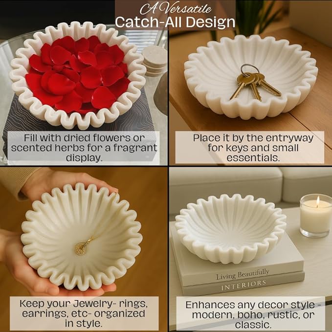 SWADESHI BLESSINGS HandCrafted Marble Ruffle Bowl/Antique Scallop Bowl/Fruit Bowl/Vintage Ring Dish/Decorative Flower Dish/HouseWarming Gift/Wedding Gifts/Urli (8 Inches)