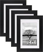 Egofine 4x6 Picture Frames Set of 4, Made of Solid Wood Covered by Plexiglass 3x4.5 and 3.5x5 with Mat or 4x6 without Mat, for Table Top Display and Wall Mounting Photo Frame Black