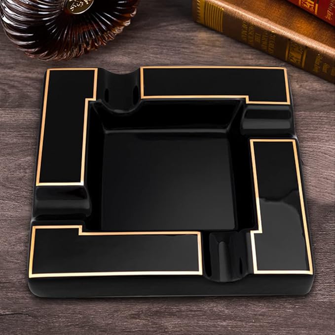 Cigar Ashtray Large Ceramic Cigarettes Ash Tray Black Cigars Ashtrays for Men travel, Indoor, Outdoor, Patio, Home, Office, Gift