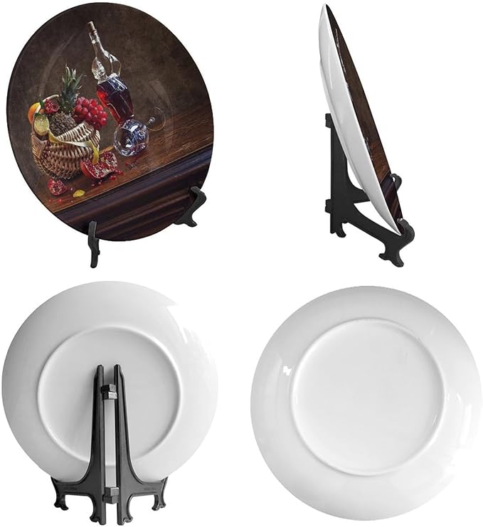 WineDecorative Plate Stand, 8 Inch, Overturned Wine Glass and Pomegranate Round Display Plate, Table Top Plate Decor with Stand, for Display Living Room Kitchen Closet Table Decor