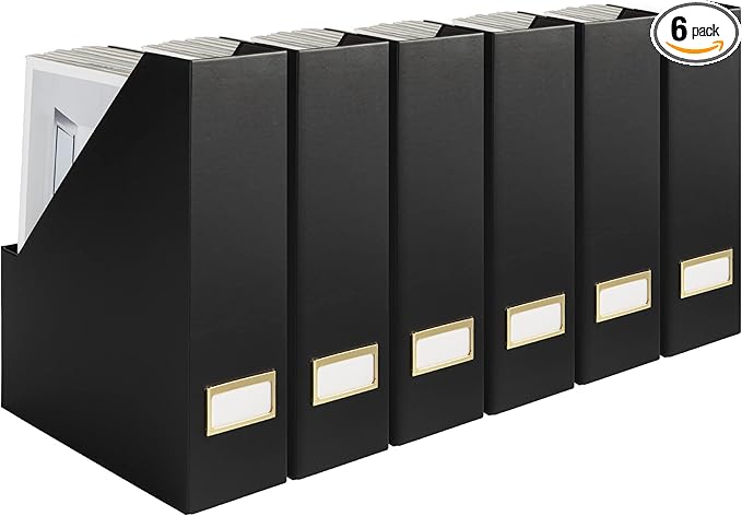 BLU MONACO | Cardboard Magazine File Holder Set of 6 Black | Vertical Magazine File Holder with Gold Label Slots | Standing File Holder and Cardboard Bins for Shelves Desk Storage