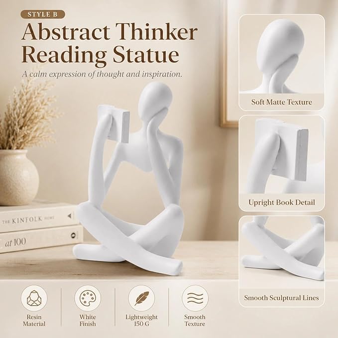 White Bookshelf Decor Thinker Statue, Abstract Reading Figurine Style B, Resin Decorative Bookend for Coffee Table, Shelf, Home Office, Library