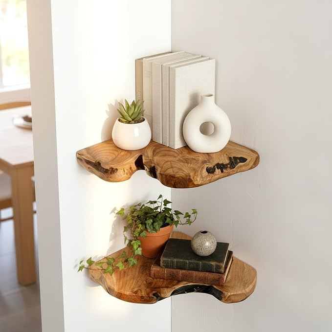 WELLAND Floating Corner Shelf Set of 2 Wall Mounted, 10.86 x 11.5 Inches for Living Room, Bedroom Bathroom, Rustic Space-Saving Corner Storage Shelf for Home Decor and Organization