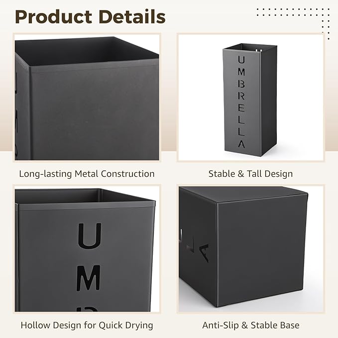 Square Metal Umbrella Holder Stand, Free Standing Umbrella Rack with Hollow Letter Pattern, Coated Steel Walking Stick Storage Bin for Indoor Entryway, Home, Office and Hotel