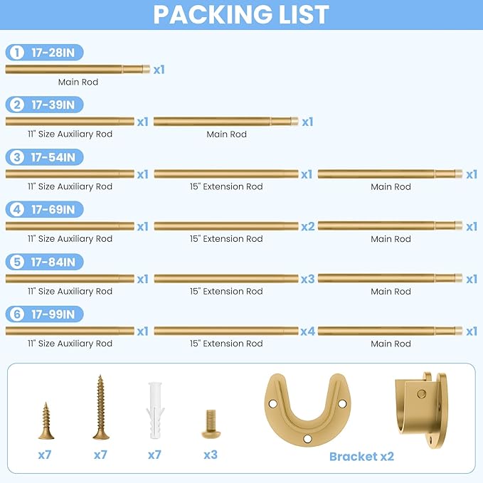 Closet Rods for Hanging Clothes, 17 to 99 Inch Heavy Duty Stepless Adjustable Closet Hanging Rod, 1.3 Inch Diameter Metal Closet Rod for Wardrobes Laundry Bedroom RV, Gold