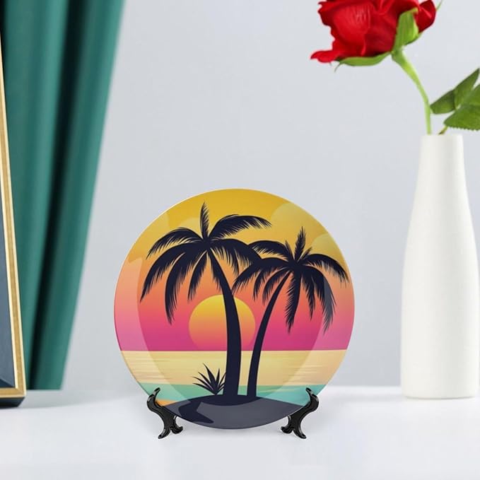 Coconut Trees Theme Decorative Ceramic Plate Round Porcelain Plate,10 inch,Sunset Pattern,for Decorative Ornaments Giving Plates,1 Plate with 1 Display Stand,Orange Pink
