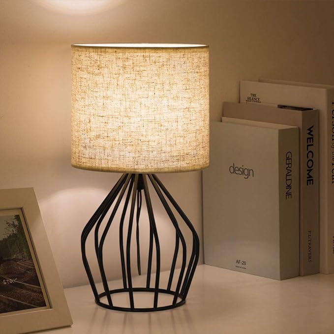 HAITRAL Black Modern Table Lamp - Minimalist Small Bedside Lamp with Hollowed Out Base Linen Fabric Shade, Vintage Nightstand Lamp for Bedroom Living Room Side Table Desk Kids Room