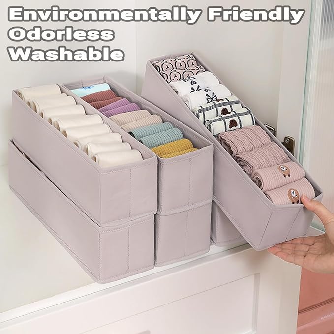 MURRI&MURRDI Mini Foldable Clothes Drawer Organizer 6 Pcs, Small Fabric Storage Organizer for Nursery, Sock, Underwear, Bra, Belt, Tie, Scarves , Gray