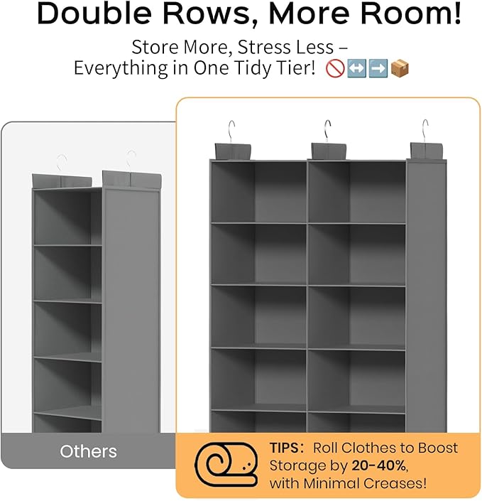 Grey 5-Tier Hanging Closet Storage Organizer - Space-Saving Dual-Row Foldable Shelves with 3 Hooks, Wardrobe Organizer for Dorm, Bedroom, Clothes and Accessories