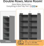 Grey 5-Tier Hanging Closet Storage Organizer - Space-Saving Dual-Row Foldable Shelves with 3 Hooks, Wardrobe Organizer for Dorm, Bedroom, Clothes and Accessories