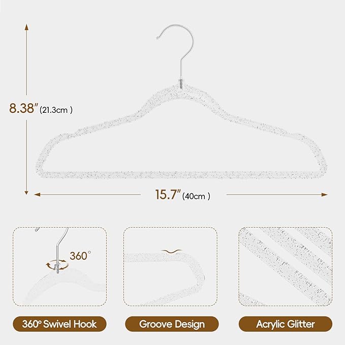 50 Pack Clear Plastic Hangers with Silver Glitter, Acrylic, Ultra Slim, Space Saving, for Coats, Pants, Suits, Shirts, Skirts, Dress Clothes