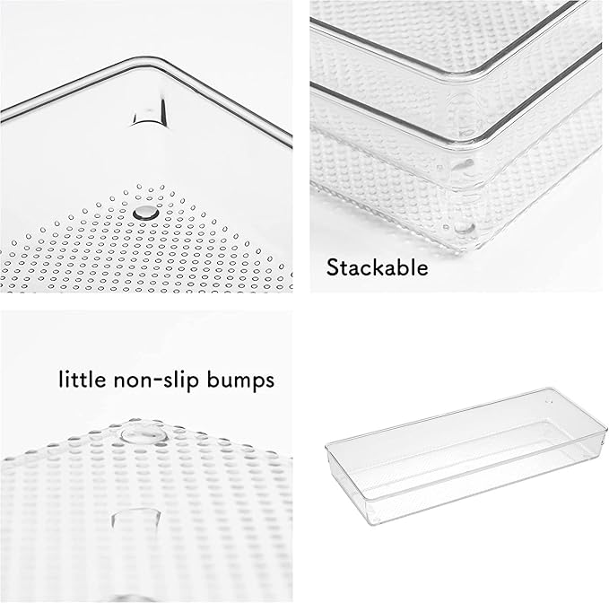 4Pack Large Size Clear Plastic Desk Drawer Dividers Drawer Organizer Wide Tray for Makeup,Kitchen Utensils,Silverware,Jewelries and Gadgets 15’’x6’’
