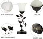 Set of 2 Touch Bedside Vintage Lamps with 2 USB C+A | 3-Way Dimmable Flower Lamps, White Glass Shade Rustic Leaf Lamp for Bedroom Side Table, LED Bulb Included
