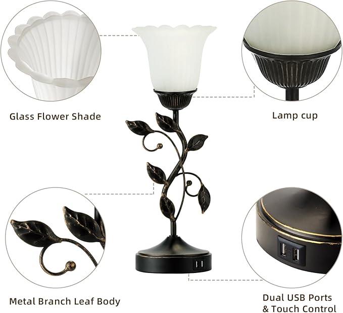 Set of 2 Touch Bedside Vintage Lamps with 2 USB C+A | 3-Way Dimmable Flower Lamps, White Glass Shade Rustic Leaf Lamp for Bedroom Side Table, LED Bulb Included