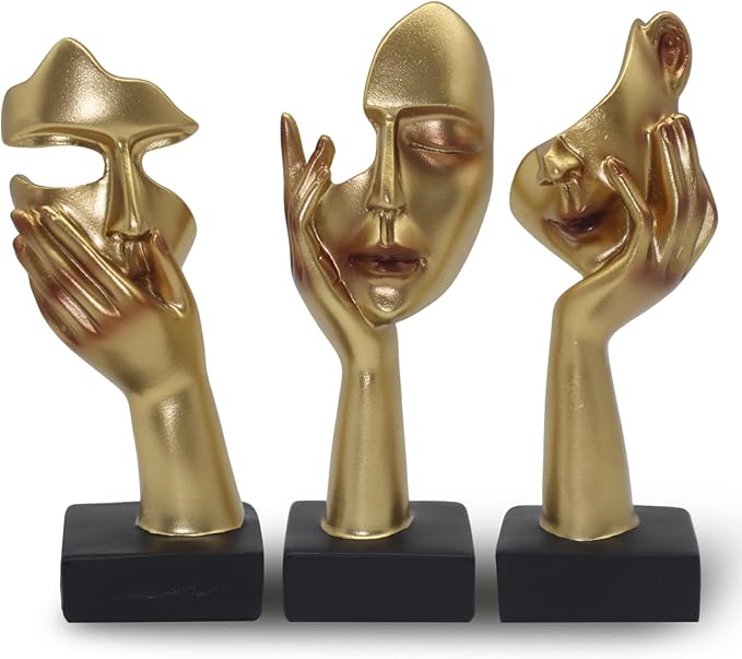 aboxoo 3 Pcs Thinker Statue, No Hear No See No Speak Modern Resin Sculptures Decor, Silence is Gold Abstract Art Figurines for Living Room, Home, Office Study (Gold)