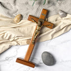 KUXBET Crucifix Cross Catholic 10.7 Inch Wooden Jesus Christ Wall Cross Stand, Hanging or Tabletop with Stand for Home Decor (10.7" L x 5.0" W)