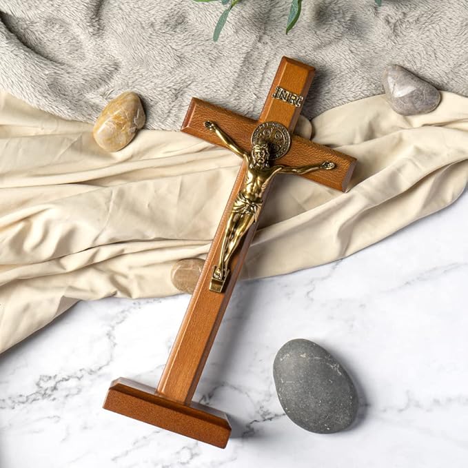 KUXBET Crucifix Cross Catholic 10.7 Inch Wooden Jesus Christ Wall Cross Stand, Hanging or Tabletop with Stand for Home Decor (10.7" L x 5.0" W)