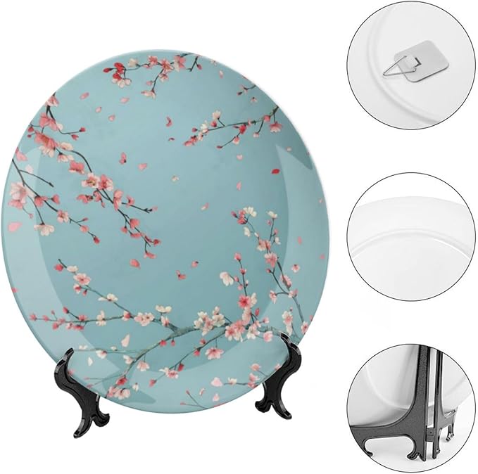 Japanese Spring Theme Decorative Ceramic Plate Round Porcelain Plate,Sakura Tree Branches Pattern,for Decorative Ornaments Giving Plates, 1 Plate with 1 Display Stand,Blue Pink,8 inch